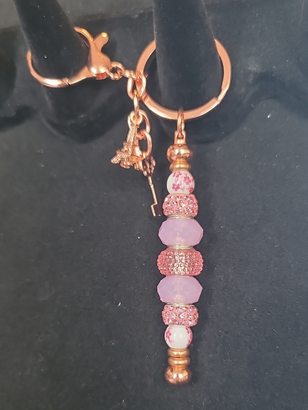 Rose Gold Pink Beaded Keychain Or Purse Charm with Eiffel Tower + Key Charms